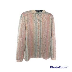 Vintage Sheer Pastel Blouse with Mock Collar Size S/M